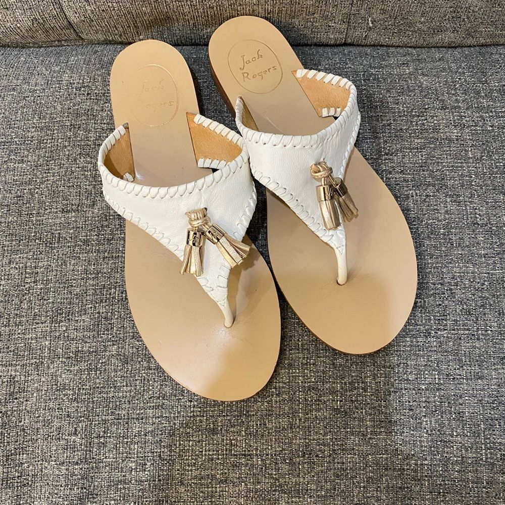 Jack Rogers White and Tan Alana Tassel Thong Sandals Women’s Size 8